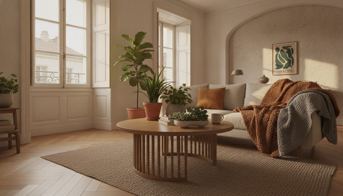 Salon chaleureux avec plaids et plantes Salon chaleureux avec plaids et plantes